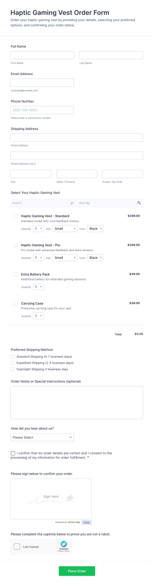 Haptic Gaming Vest Order Form Template