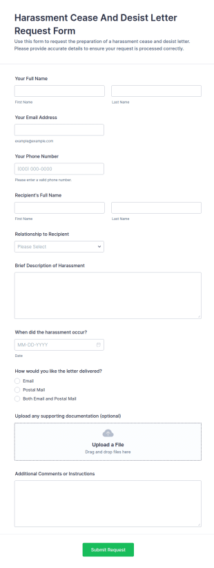 Harassment Cease And Desist Letter Request Form Template