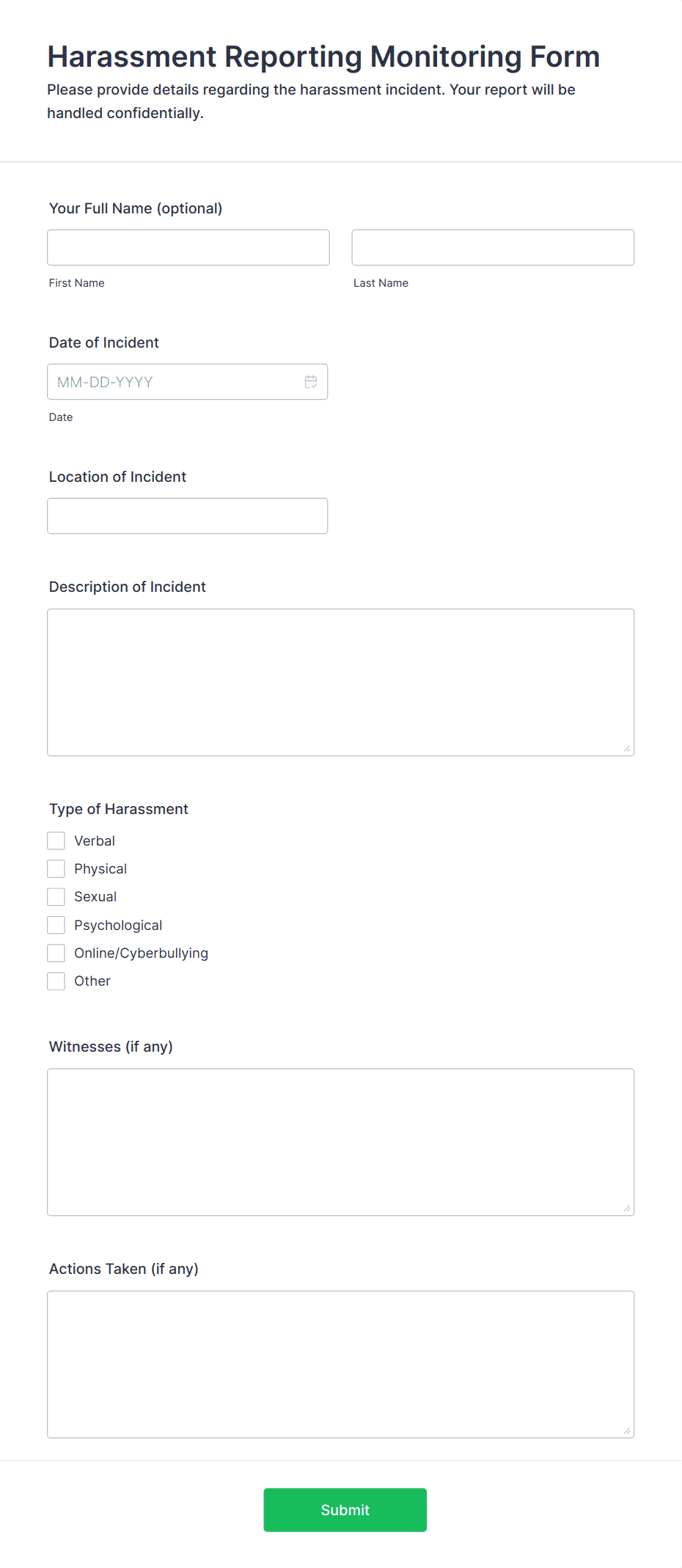 Harassment Reporting Monitoring Form Template | Jotform