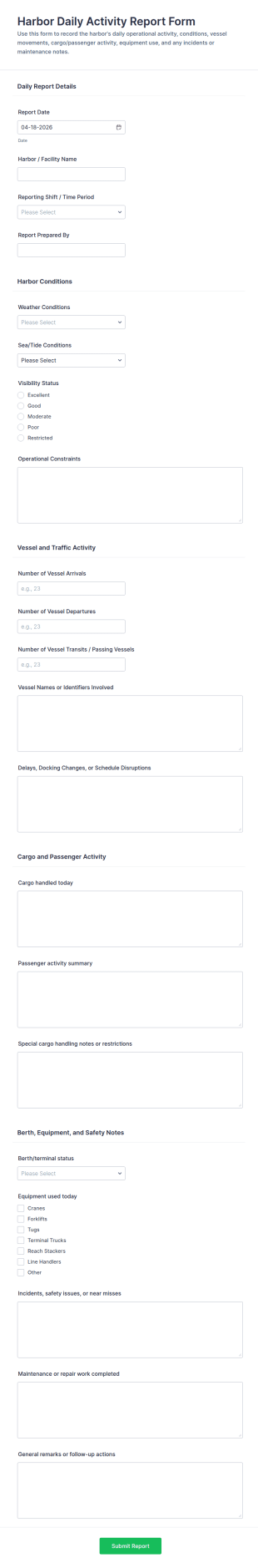 Harbor Daily Activity Report Form Template