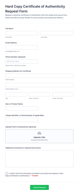 Hard Copy Certificate Of Authenticity Request Form Template