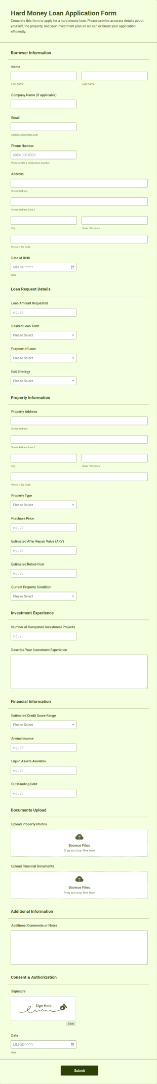 Hard Money Loan Application Form Template