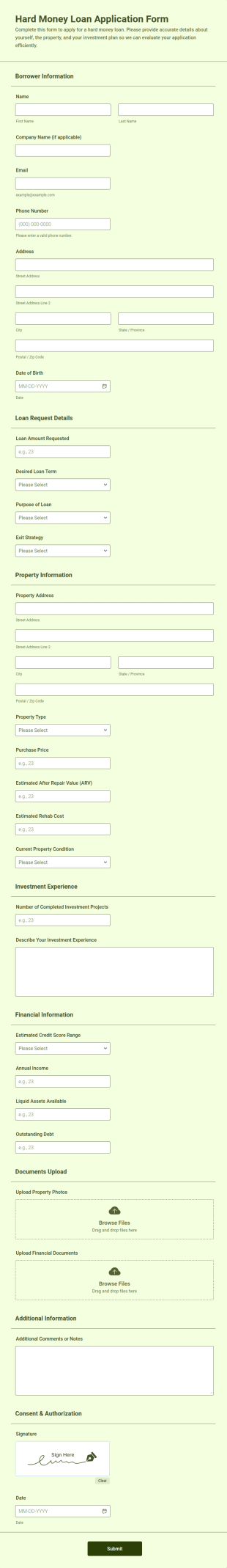 Hard Money Loan Application Form Template