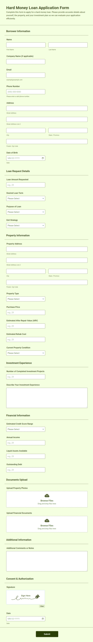 Hard Money Loan Application Form Template