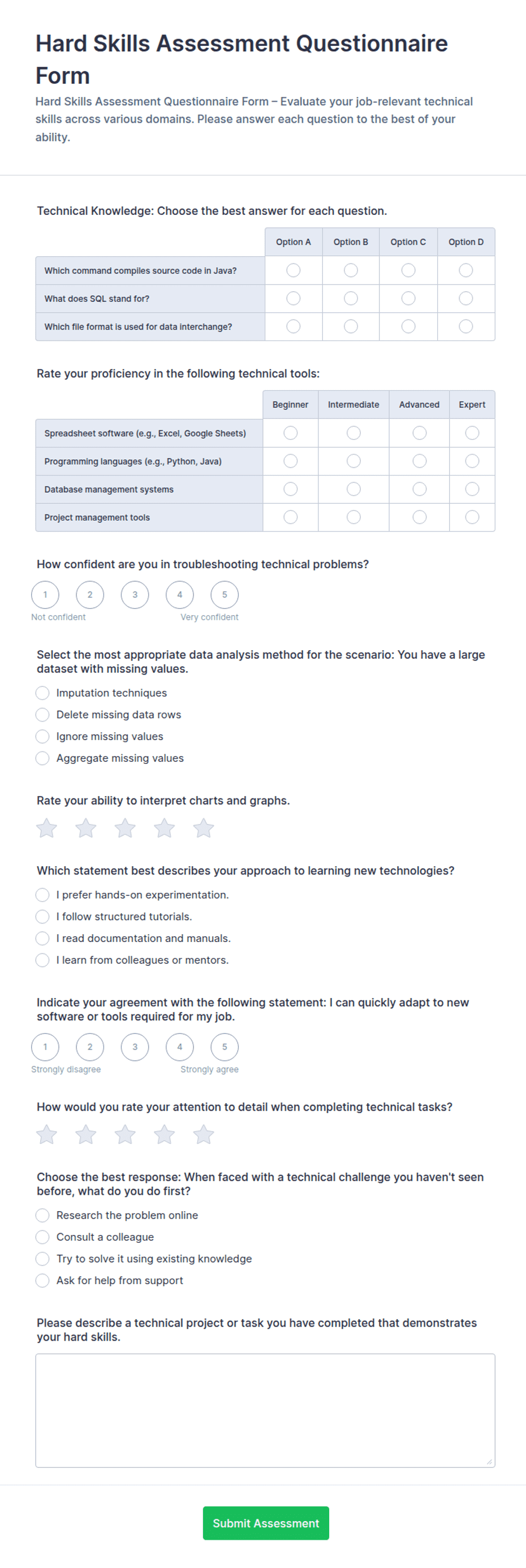 Hard Skills Assessment Questionnaire Form Template | Jotform