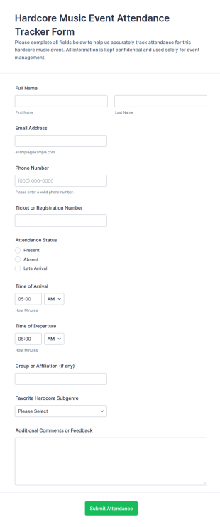 Hardcore Music Event Attendance Tracker Form Template