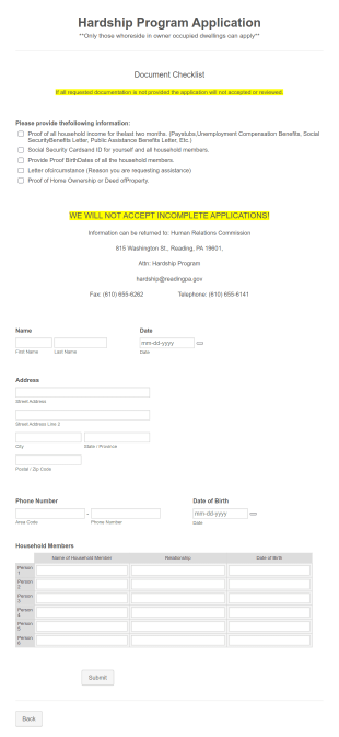 Hardship Program Application Form Template