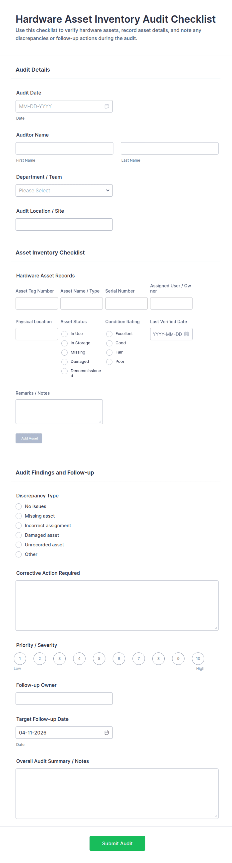 Checklist Hardware Check Hardware Asset Inventory Audit Checklist Form Template | Jotform