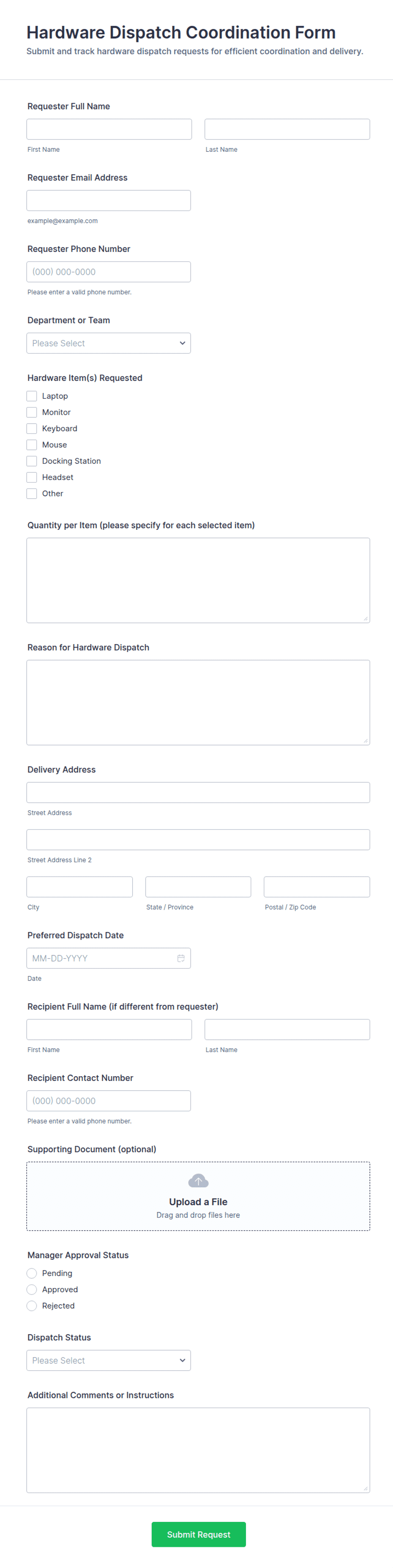 Dispatch Collection Form Hardware Dispatch Coordination Form Template | Jotform