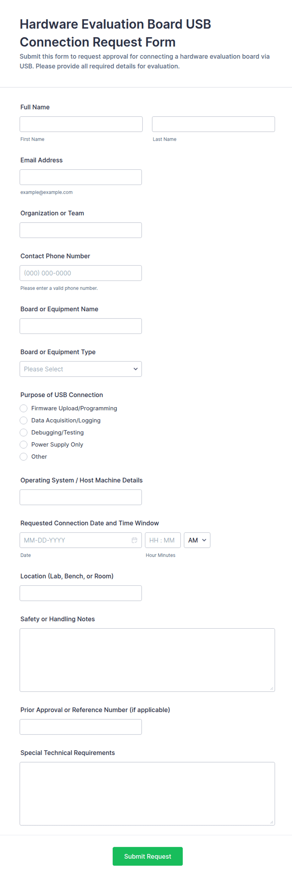 Hardware Evaluation Board USB Connection Request Form Template | Jotform