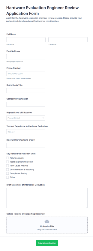 Hardware Evaluation Engineer Review Application Form Template