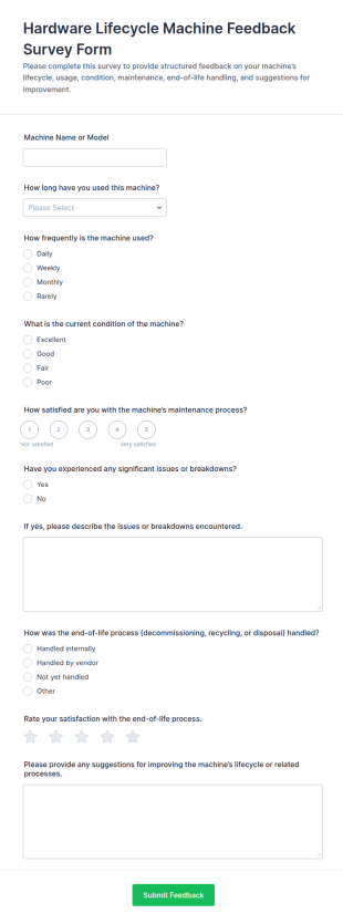 Hardware Lifecycle Machine Feedback Survey Form Template
