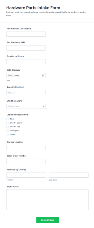 Hardware Parts Intake Form Template