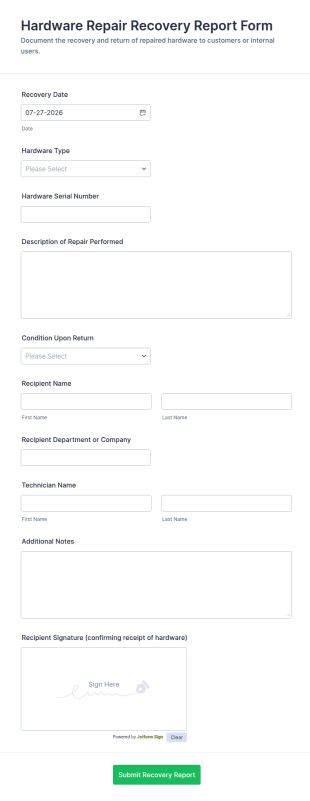 Hardware Repair Recovery Report Form Template