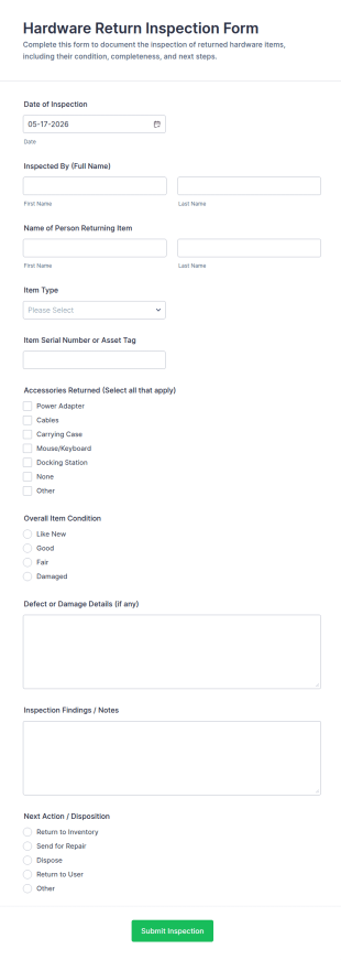 Hardware Return Inspection Form Template