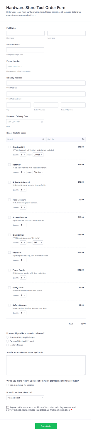 Hardware Store Tool Order Form Template