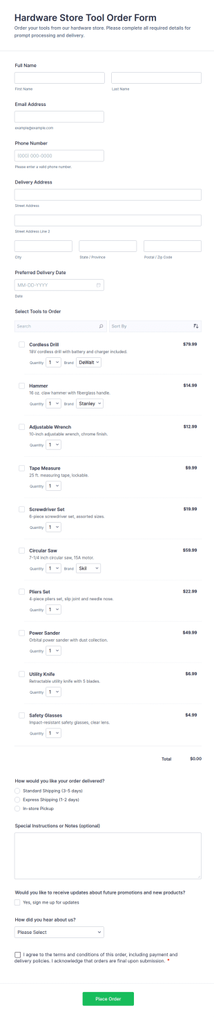 Hardware Store Tool Order Form Template