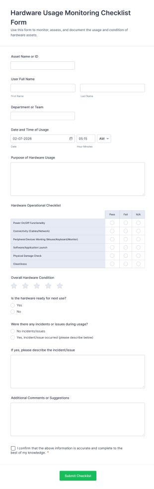 Hardware Usage Monitoring Checklist Form Template