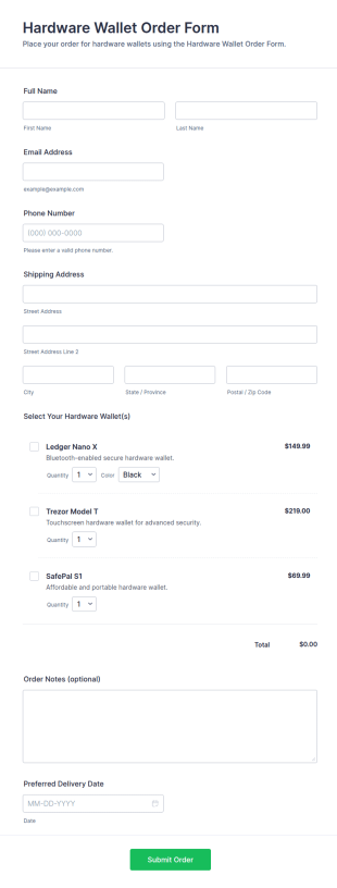 Hardware Wallet Order Form Template