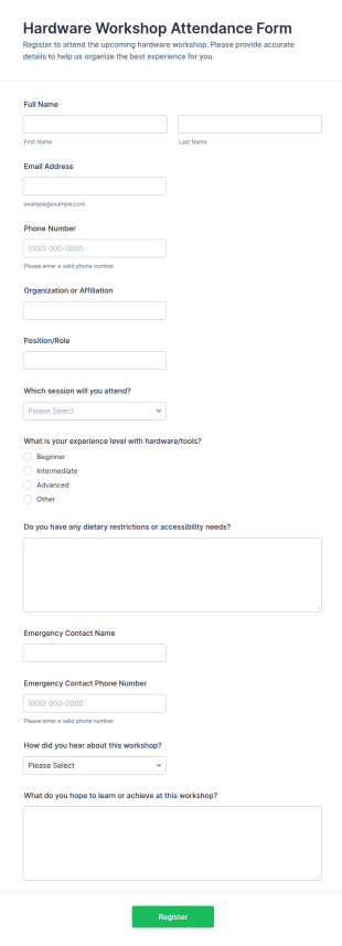 Hardware Workshop Attendance Form Template