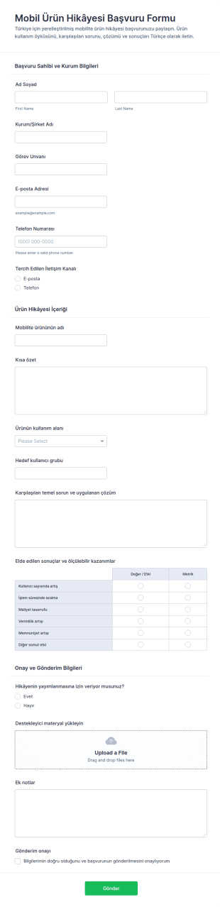 Hareketlilik Ürün Hikâyesi Form Şablonu