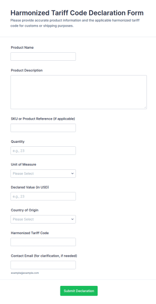 Harmonized Tariff Code Declaration Form Template