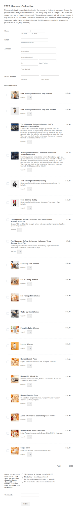 Harvest Collection Pre Order Form Template