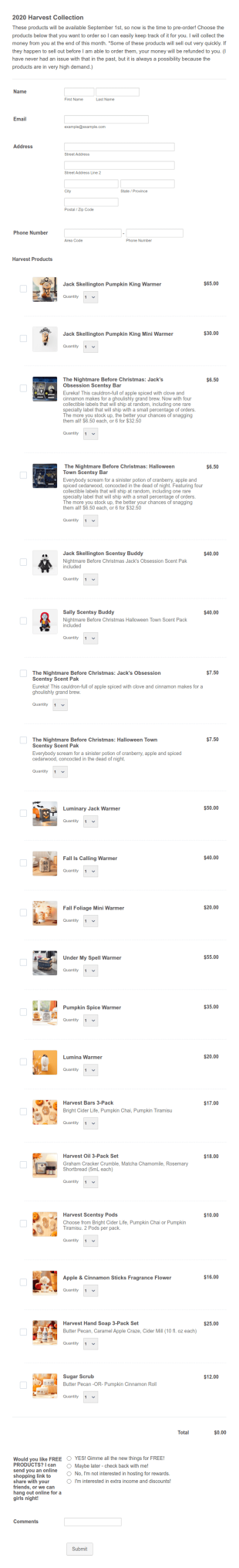 Harvest Collection Pre Order Form Template