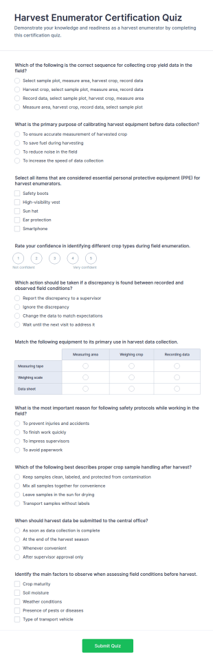 Harvest Enumerator Certification Quiz Form Template