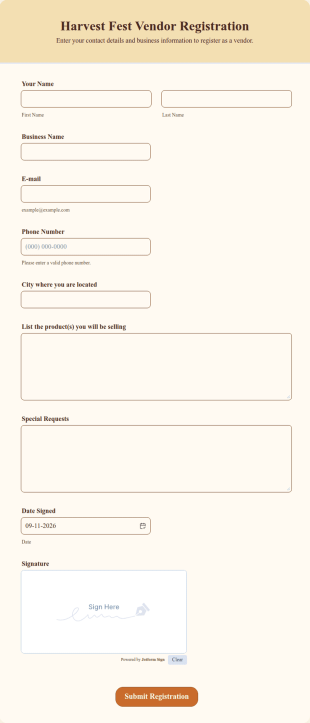 Harvest Fest Vendor Registration Form Template
