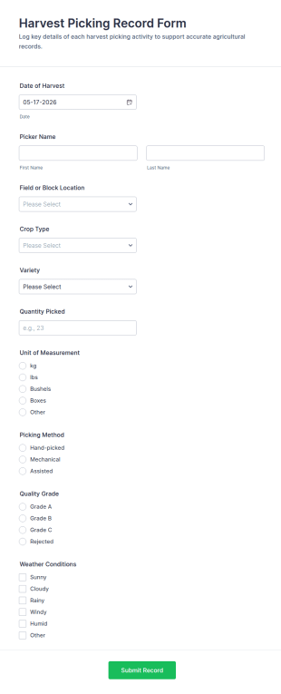 Harvest Picking Record Form Template
