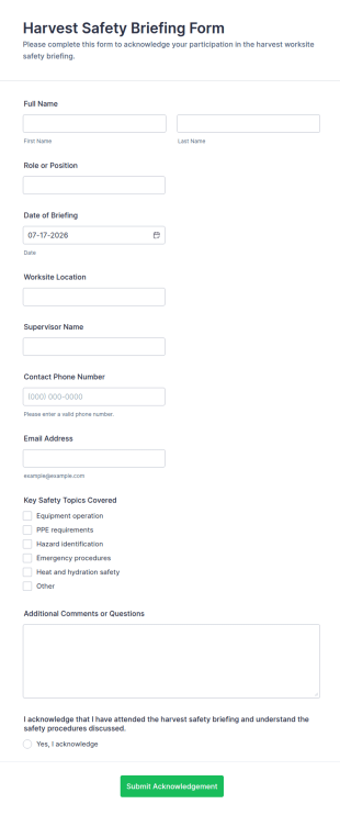 Harvest Safety Briefing Form Template