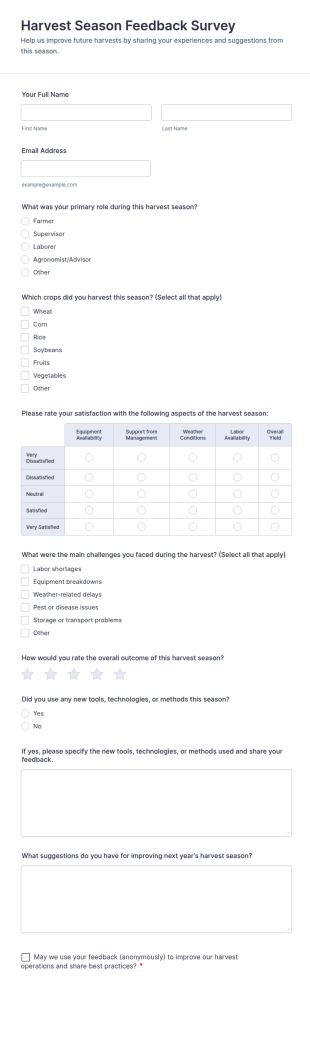 Harvest Season Feedback Survey Form Template