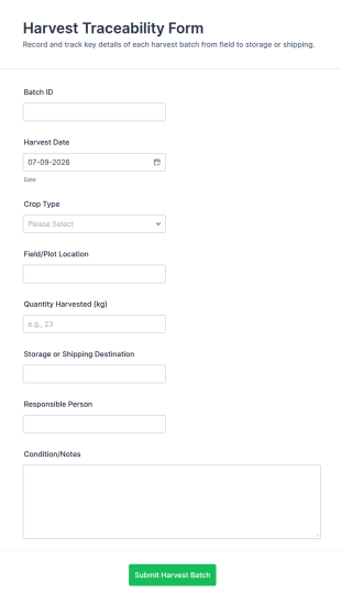 Harvest Traceability Form Template