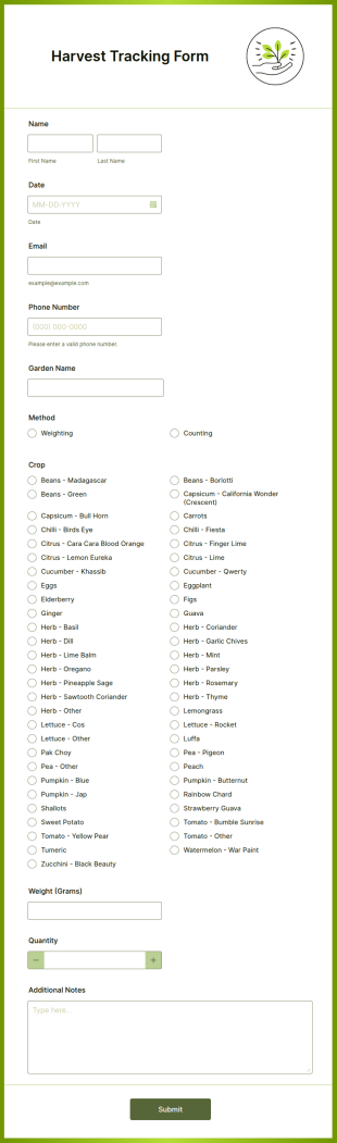 Harvest Tracking Form Template