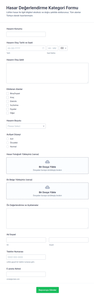 Hasar Değerlendirme Anketi Form Şablonu