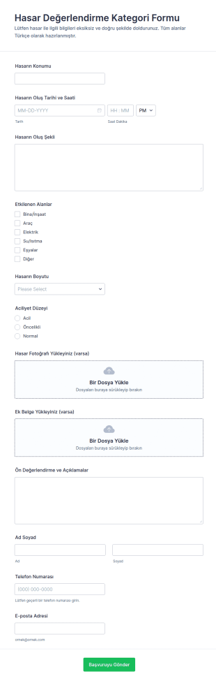 Hasar Değerlendirme Anketi Form Şablonu