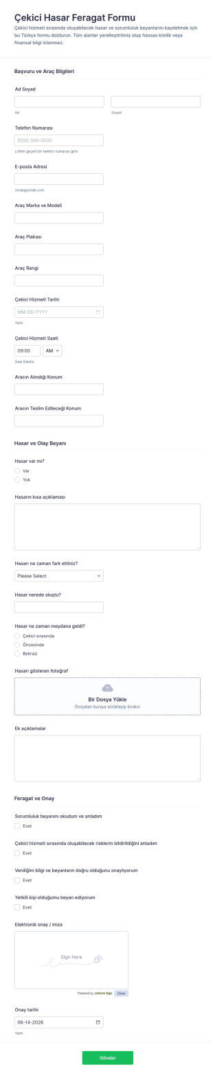 Hasar Feragatname Form Şablonu