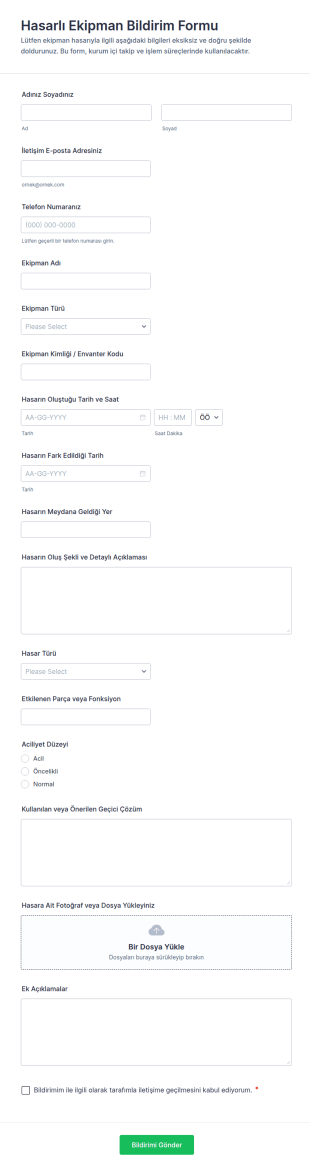 Hasar Görmüş Ekipman Bildirim Form Şablonu