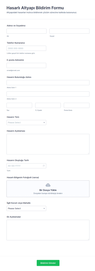 Hasarlı Altyapı Bildirim Form Şablonu
