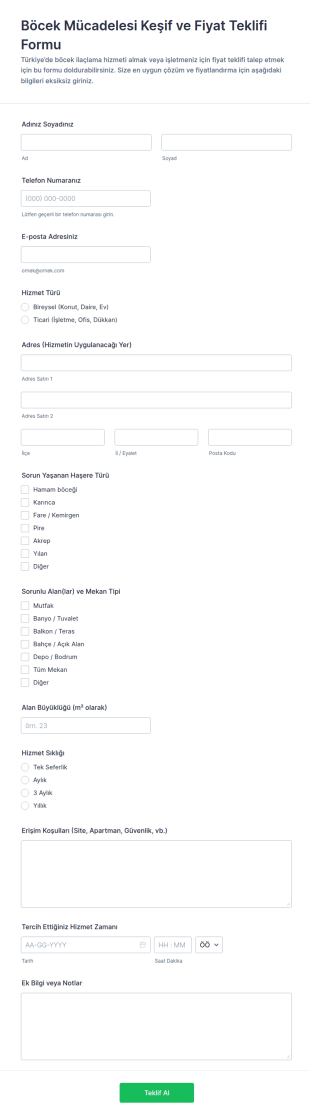 Haşere Kontrol Tahmini Formu 🐜🕷️🕷️ Form Şablonu