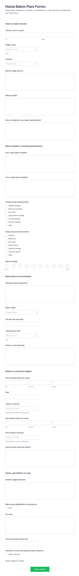 Hasta Bakım Planı Anketi Form Şablonu