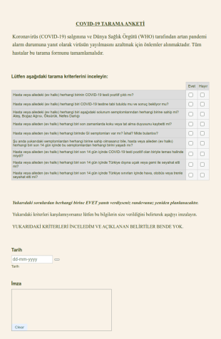 HASTA COVID 19 TARAMA ANKETİ Tıbbi Ofisler Form Şablonu