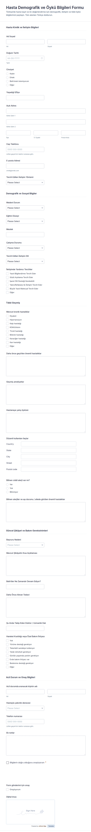 Hasta Demografik Ve Geçmiş Bilgi Form Şablonu