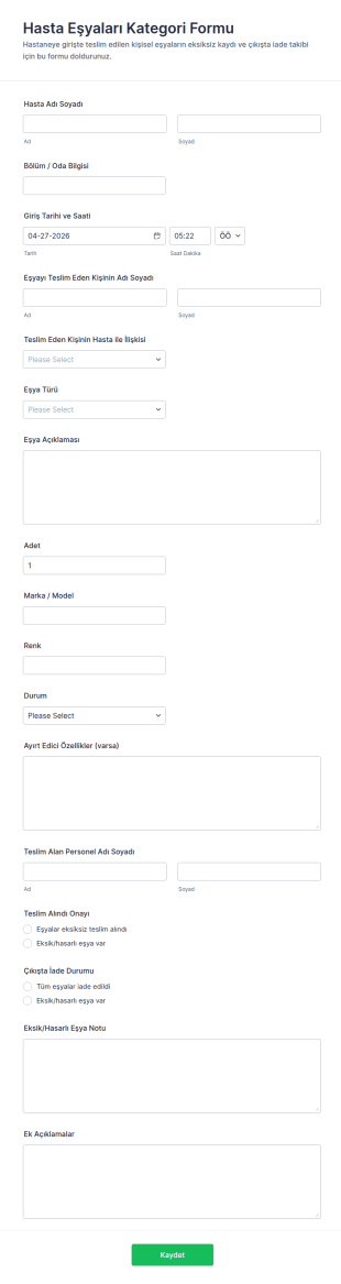 Hasta Eşyaları Envanter Form Şablonu