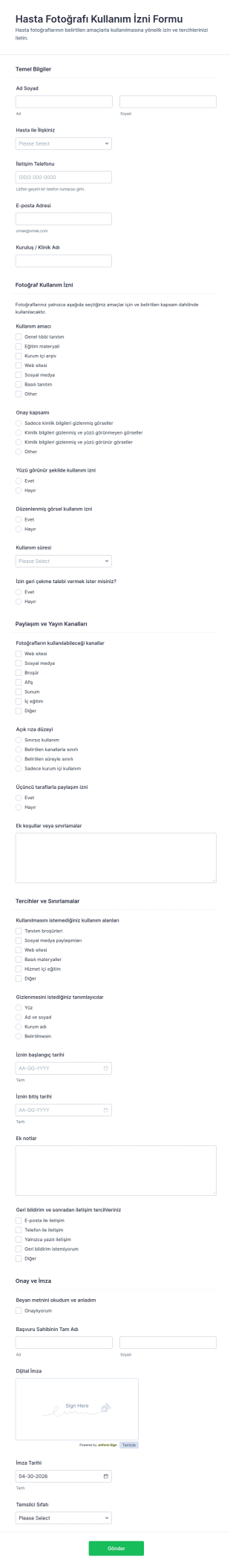 Hasta Fotoğraf Paylaşım İzni Form Şablonu