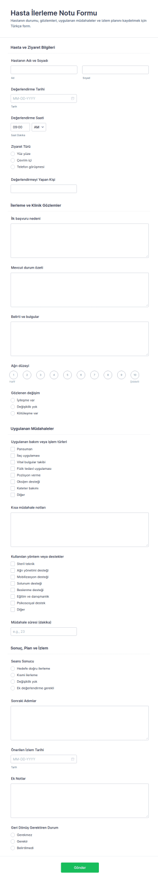 Hasta İlerleme Notları Anketi Form Şablonu