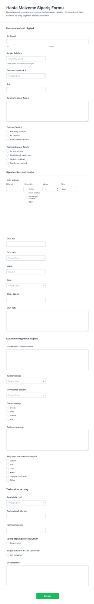 Hasta Malzeme Sipariş Form Şablonu