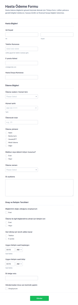 Hasta Ödeme Giriş Form Şablonu