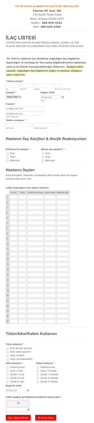 Hasta Sağlık Bilgileri Toplama Form Şablonu